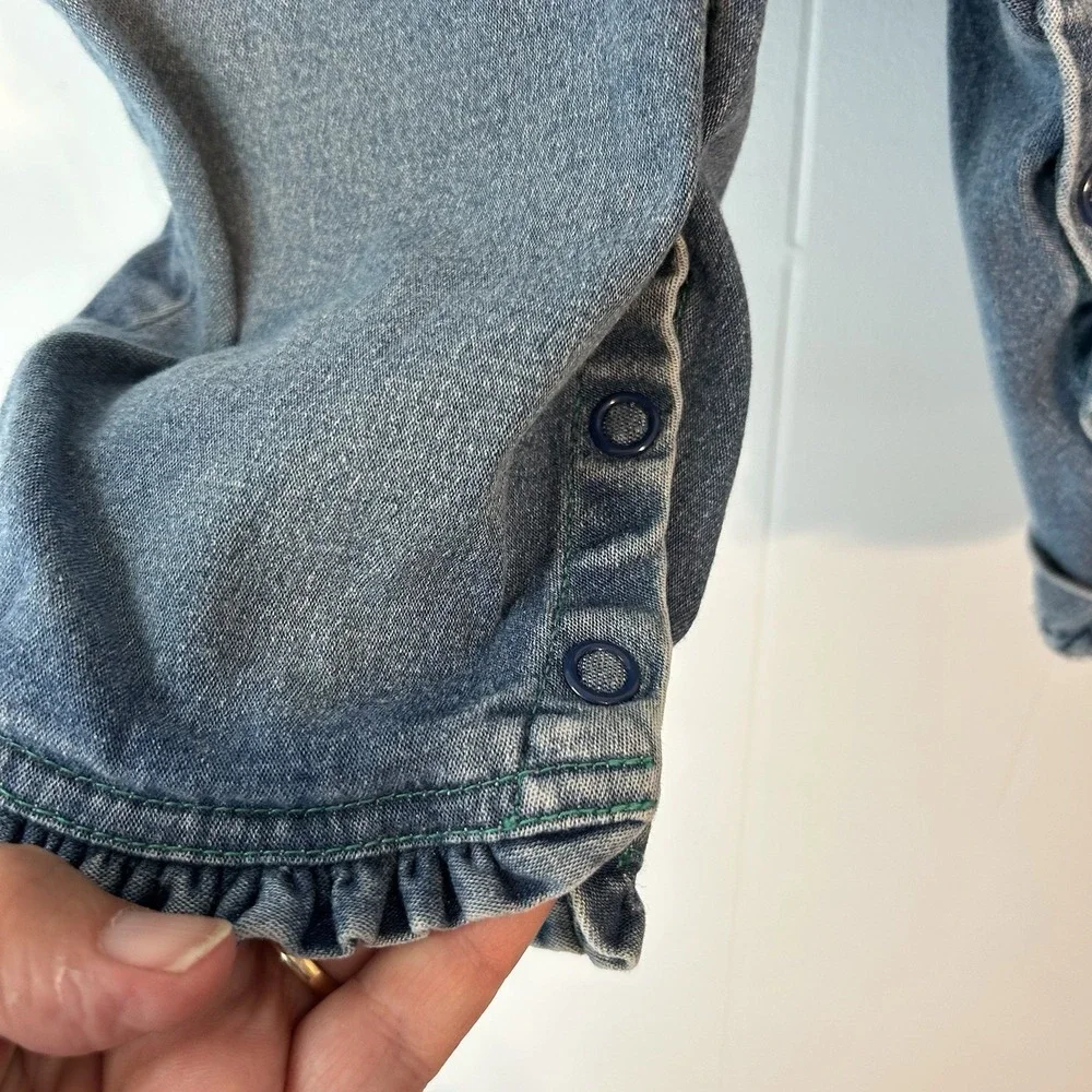Hartstrings‎ Baby Denim Overalls Snowman Embroidery Ruffle Trim Blue 12M